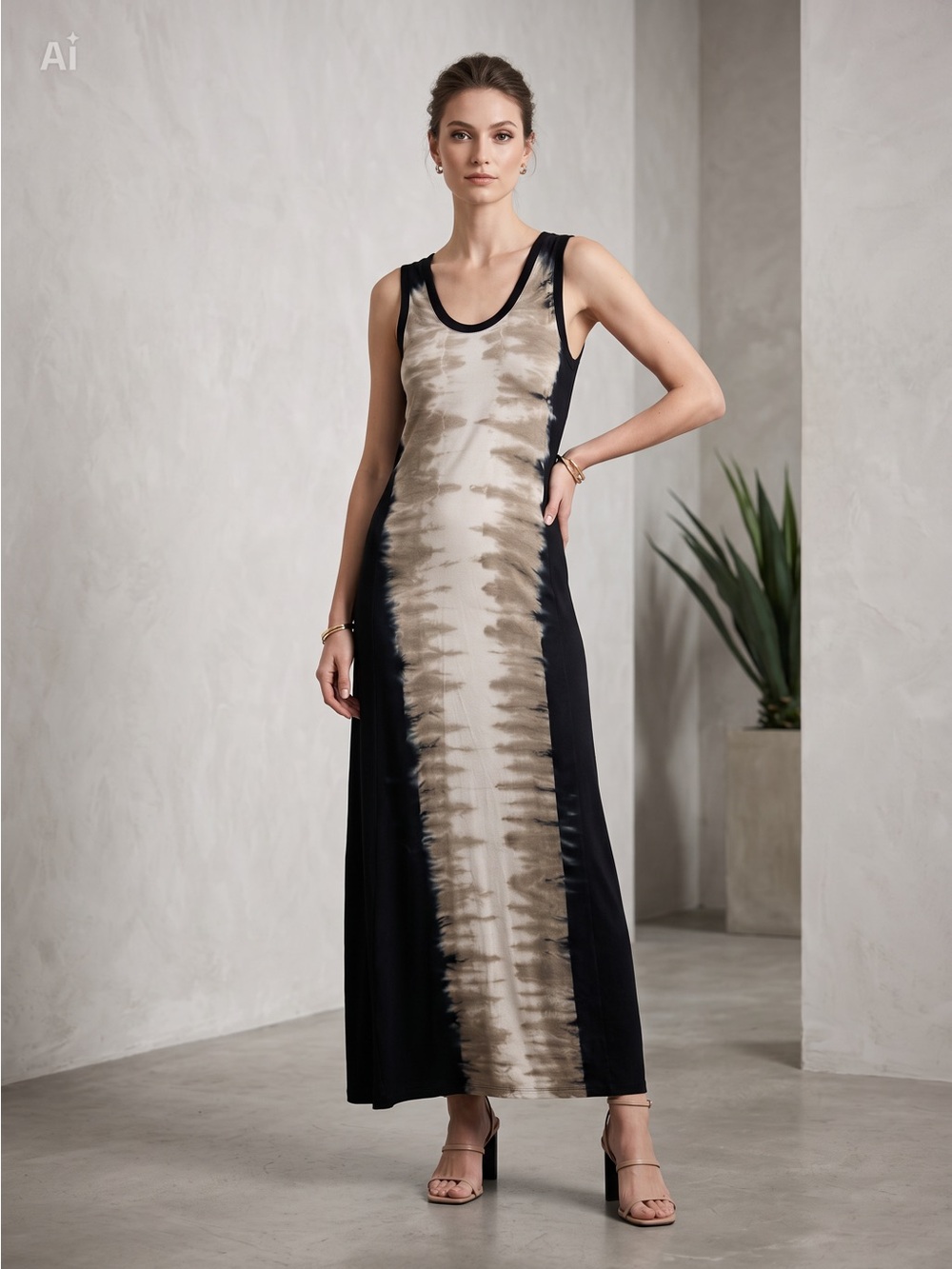 Calvin Klein Black & Taupe Tie-Dye Maxi Dress